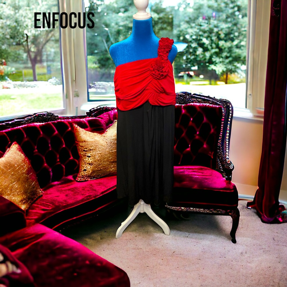 Enfocus Studio Womens red one shoulder dress sz 16 W decorative flower ptp 17 in